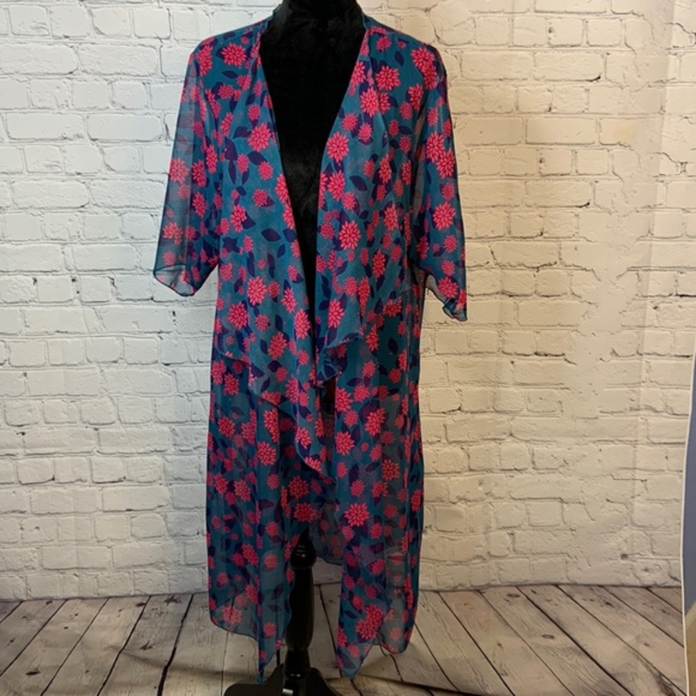 LuLaRoe swimsuit coverup/kimono. Teal with magenta flowers.  Size medium